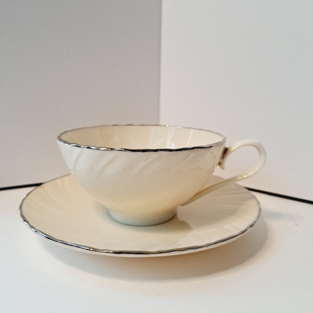 Lenox Weatherly Platinum Rim with Swirl Coffee Cup and Saucer..LENOX WEATHERLY